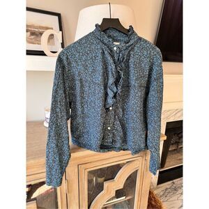 Overlover Blue Button Down Ruffled Trim Long Sleeve Blouse Pearl Buttons Women’s